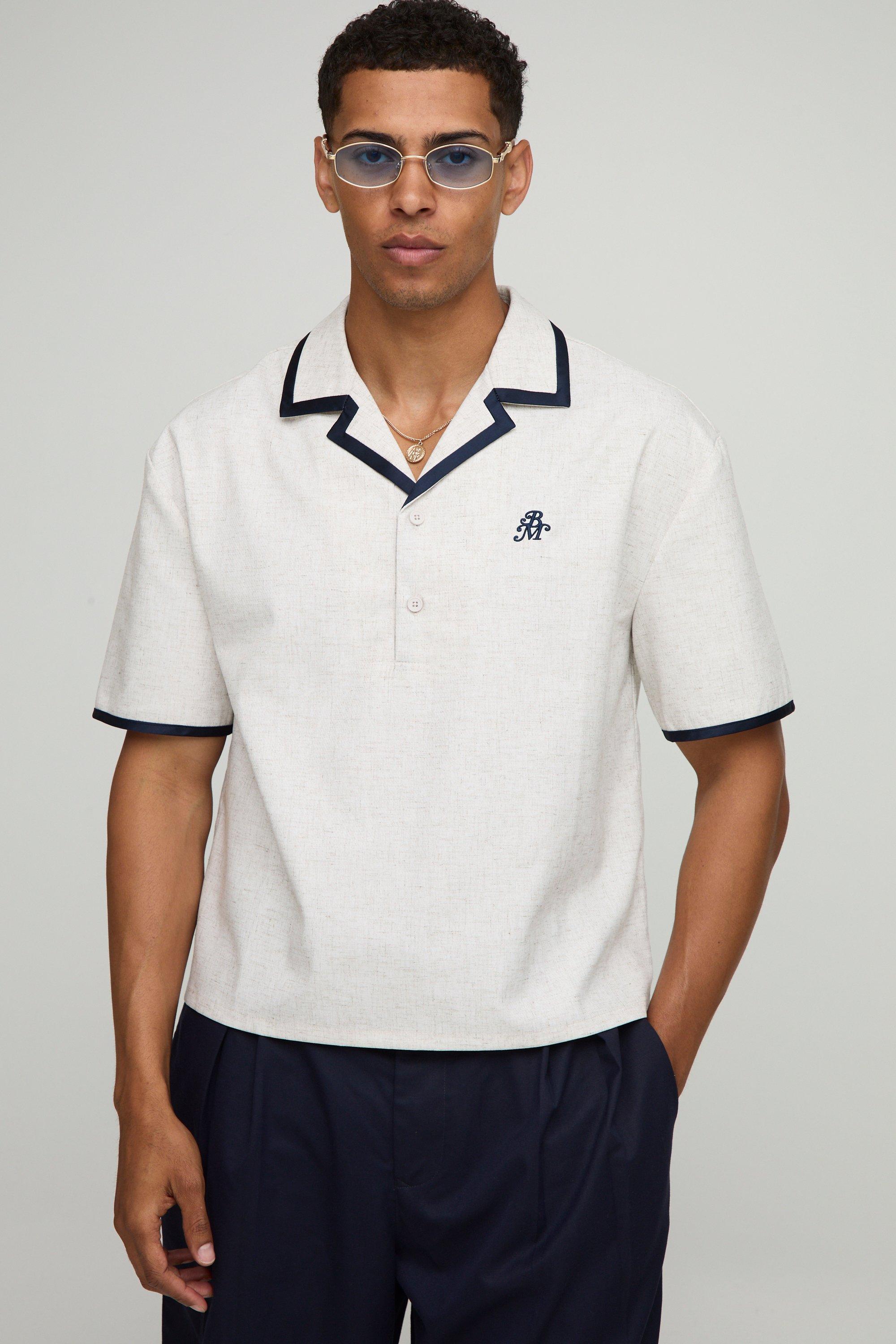 Oversized Boxy Revere Heavyweight Linen Look Boarder Detail Shirt